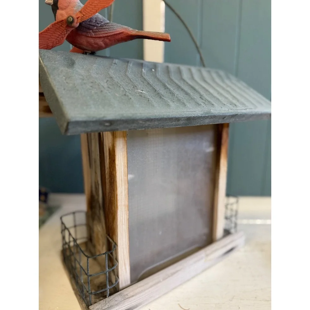Rustic Cedar Wood Bird Feeder with Cardinal Wind Vane and Suet Cages